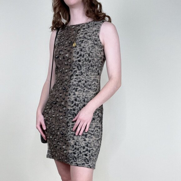 Vintage Cheetah Leopard Animal Print Wool Mini Dress 90s Y2K Mob Boss Wife Sexy - Picture 2 of 7